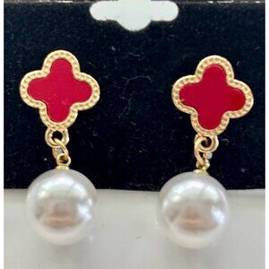 Gold-Plated Red Clover Drop Earrings With Faux Pearl Dangling Charm